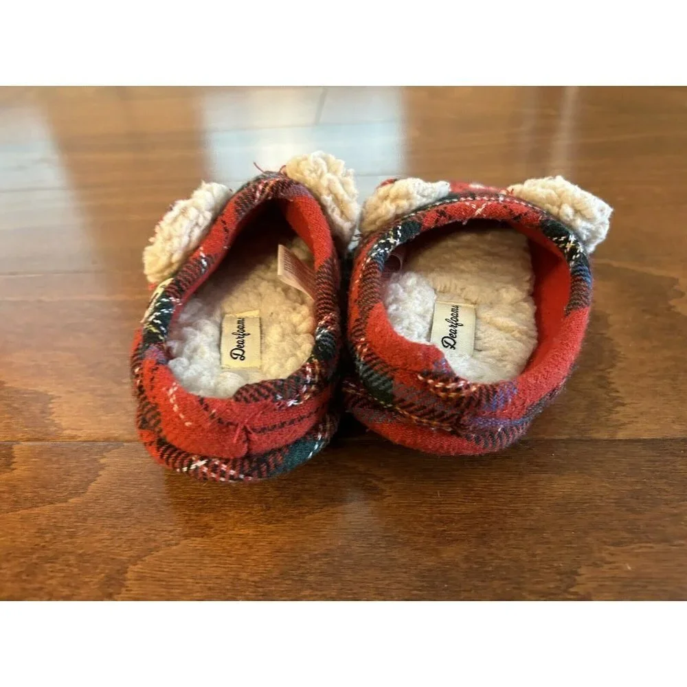 Dearfoams Kids Toddler  Little Kids Lil Bear‎ Plaid Red Slippers NEW 9-10  US